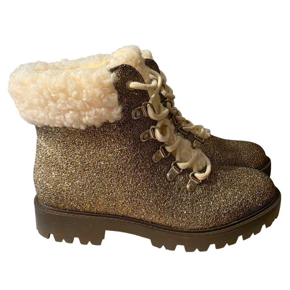 JustFab Jane Gold Glitter Faux Shearling Lace Up Hiker Booties Womens 7